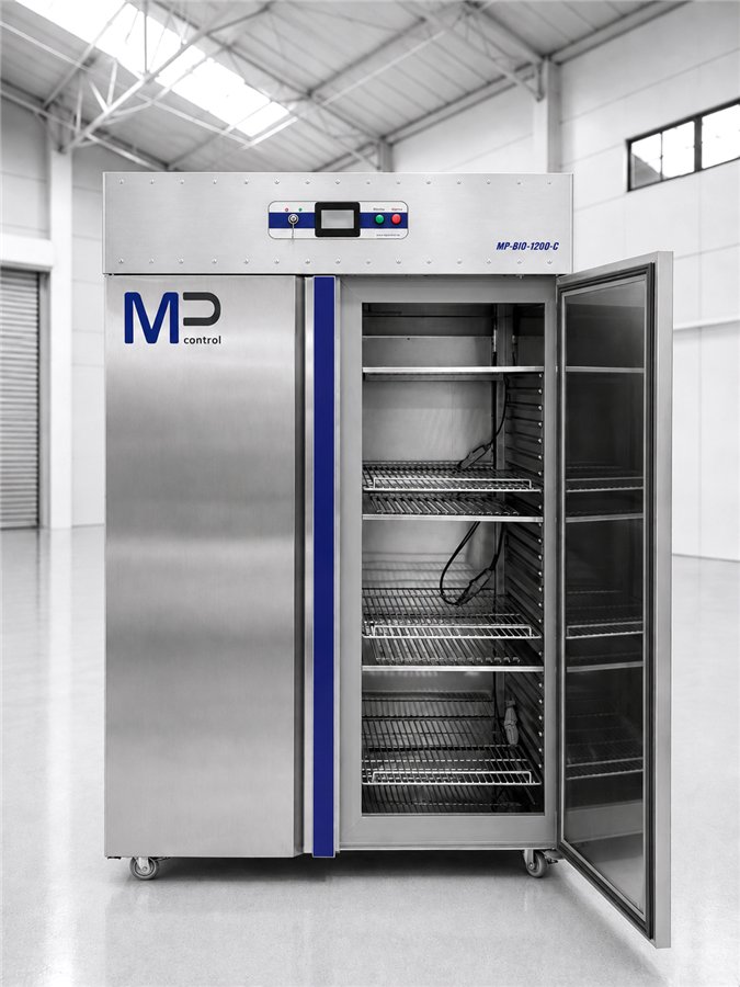 MP-BIO-1200 con la puerta abierta mostrando los estantes interiores
